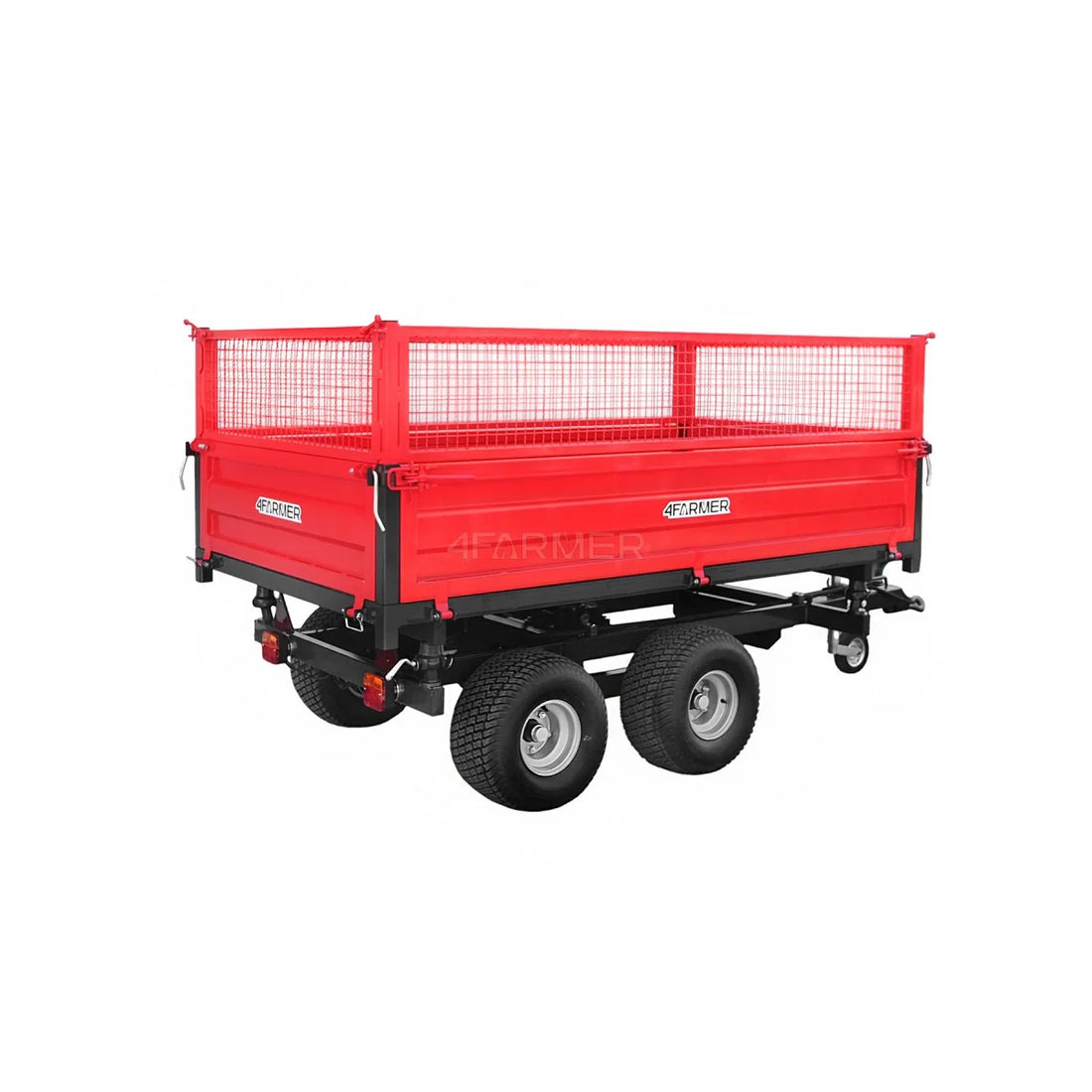 Rimorchio agricolo a 2 assi da 2,5 t con ribaltamento e sovrasponde in rete