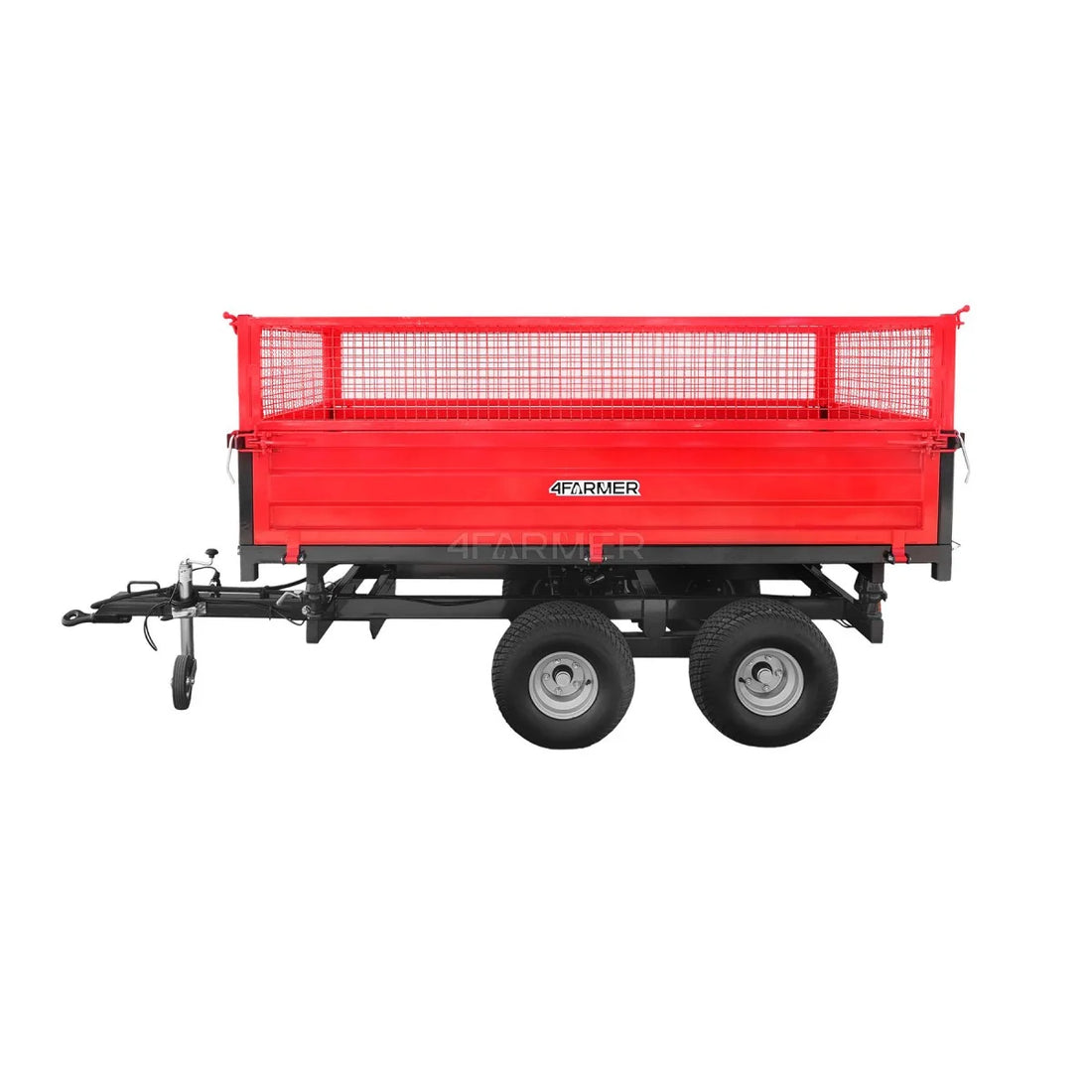 Rimorchio agricolo a 2 assi da 2,5 t con ribaltamento e sovrasponde in rete