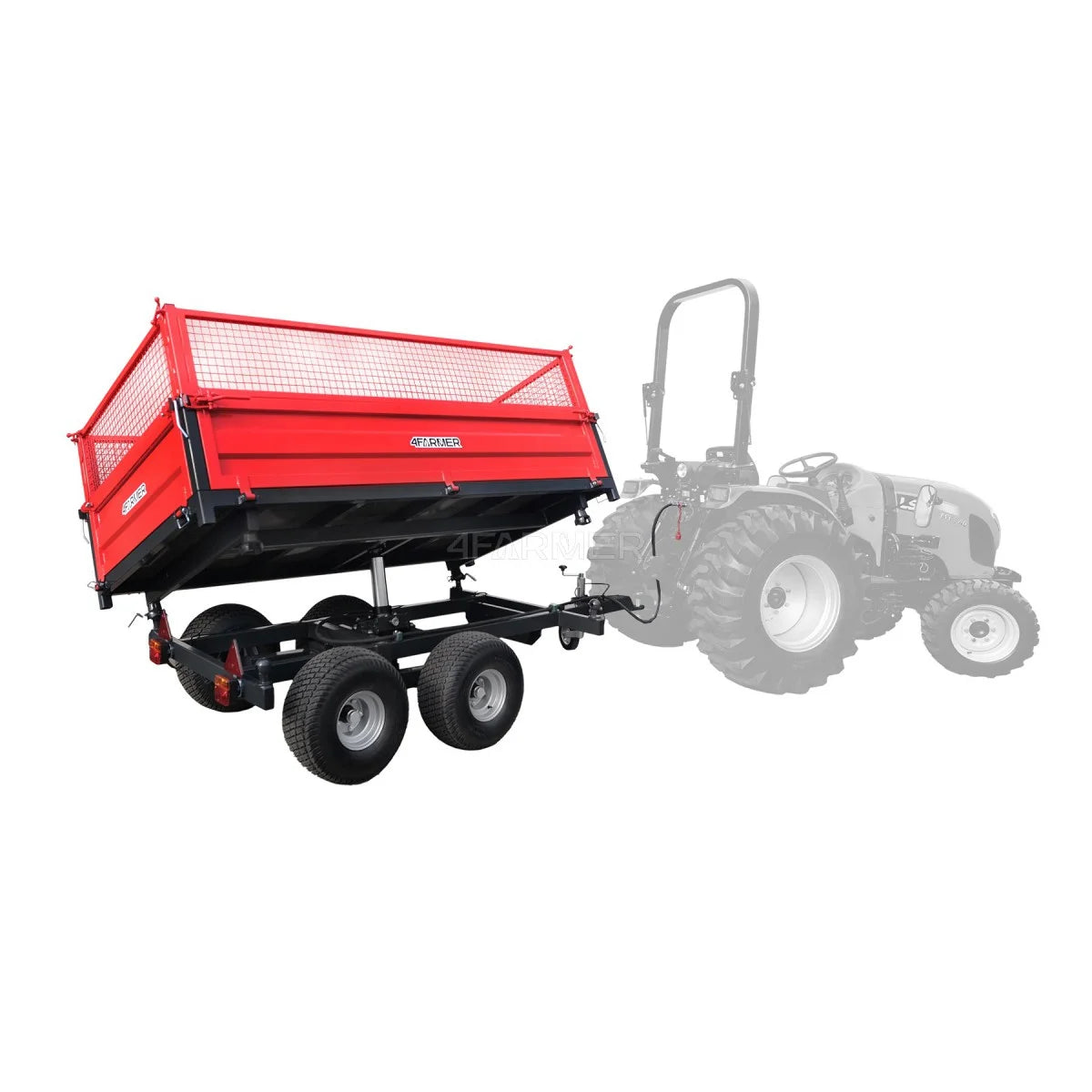 Rimorchio agricolo a 2 assi da 2,5 t con ribaltamento e sovrasponde in rete